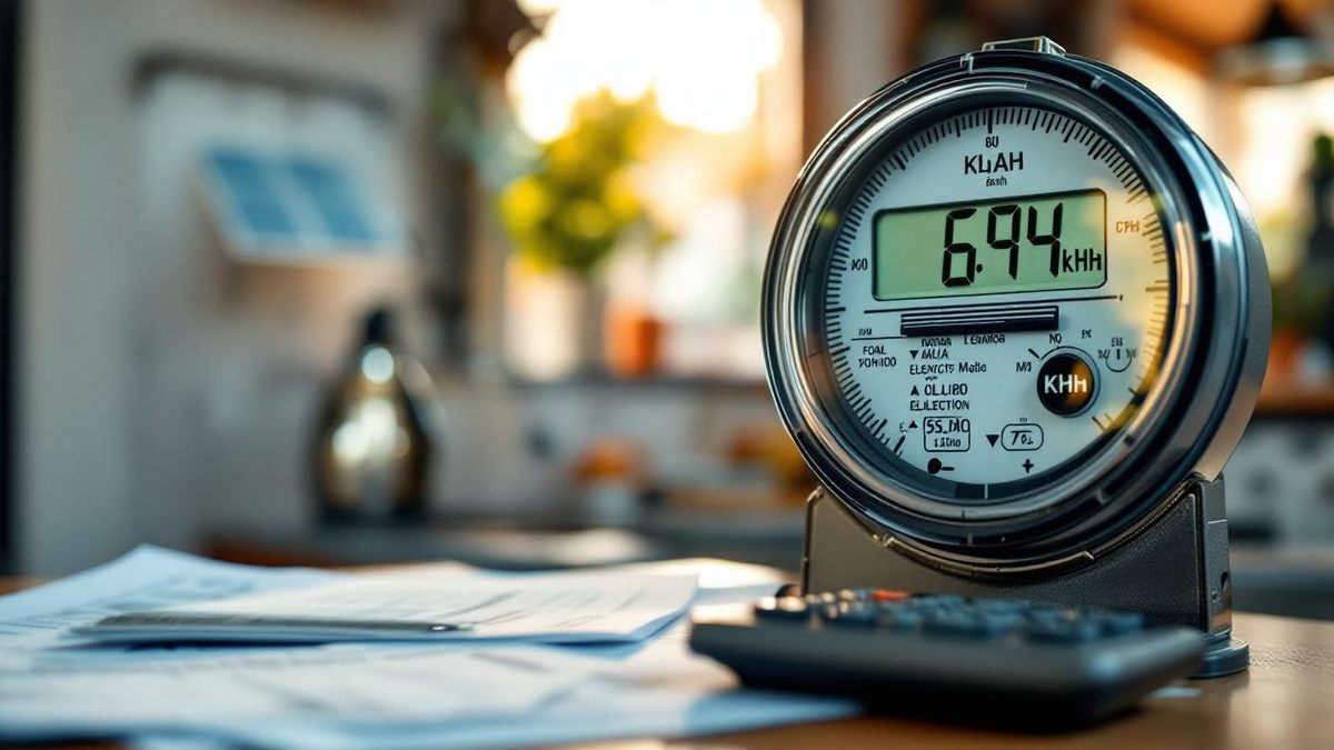 Medidor de energia elétrica residencial mostrando kWh ao lado de conta de luz e calculadora em cozinha brasileira com painéis solares visíveis pela janela