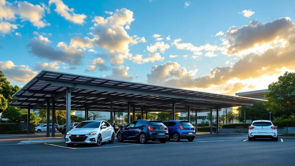 Estacionamento comercial brasileiro coberto por painéis solares em estrutura metálica com carros estacionados embaixo e céu azul