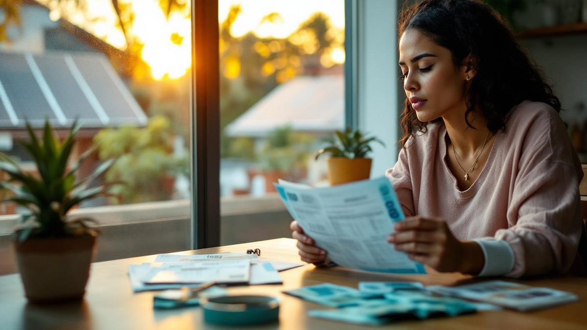 Conta de luz brasileira com valor mínimo ao lado de painéis solares instalados em telhado residencial com luz do sol