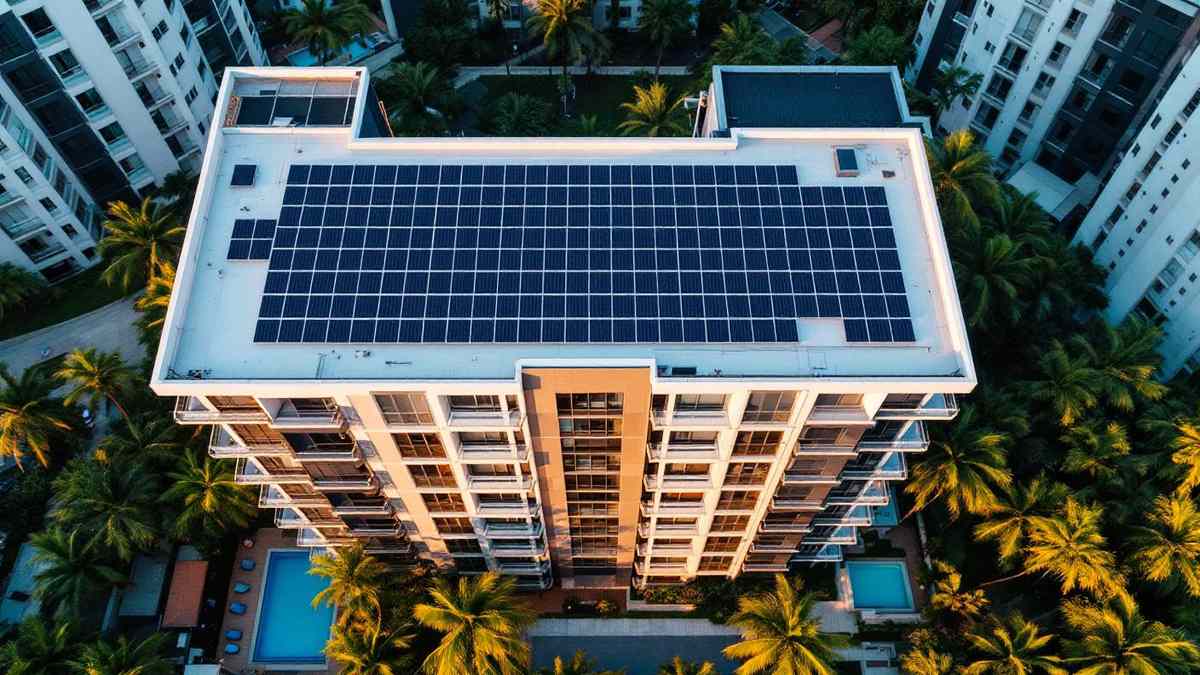 Vista aérea de telhado de condomínio residencial brasileiro coberto com painéis solares, piscina e paisagismo tropical ao fundo