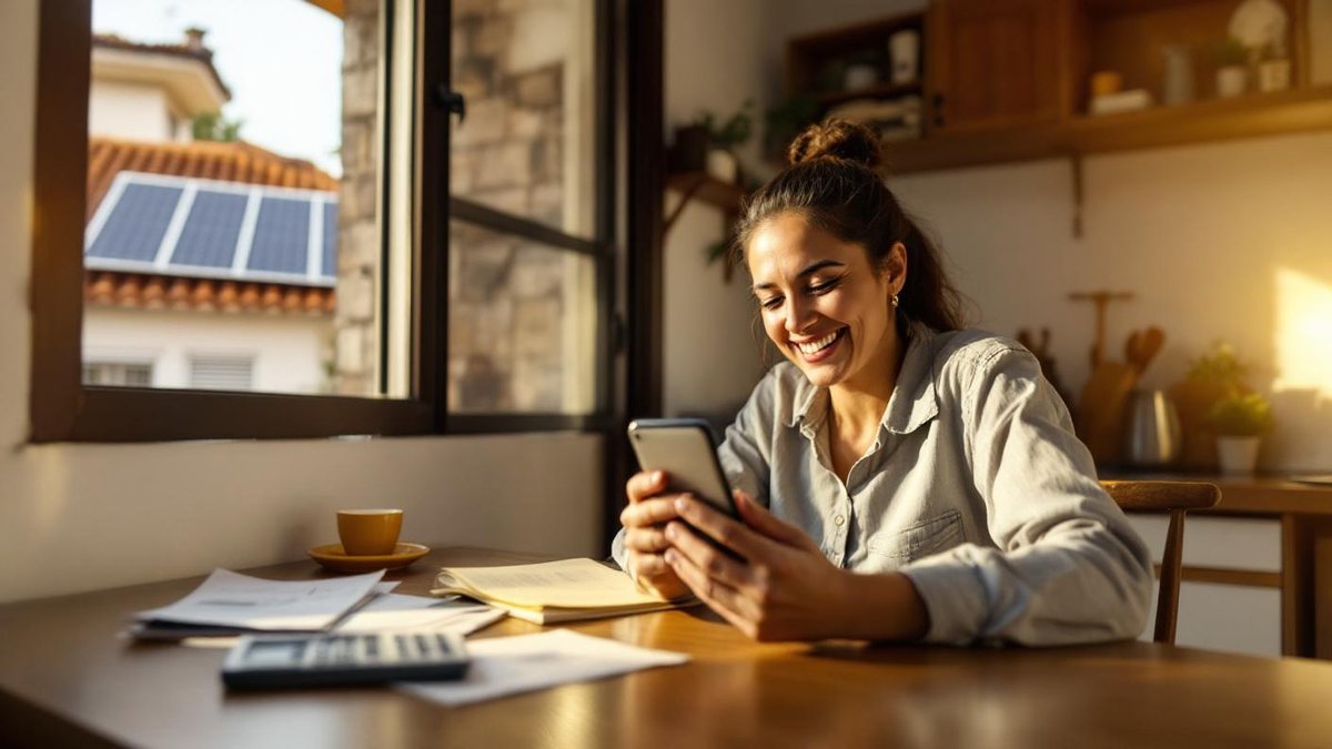 Mão segurando conta de luz com valores reduzidos ao lado de medidor bidirecional em residência com painéis solares no telhado