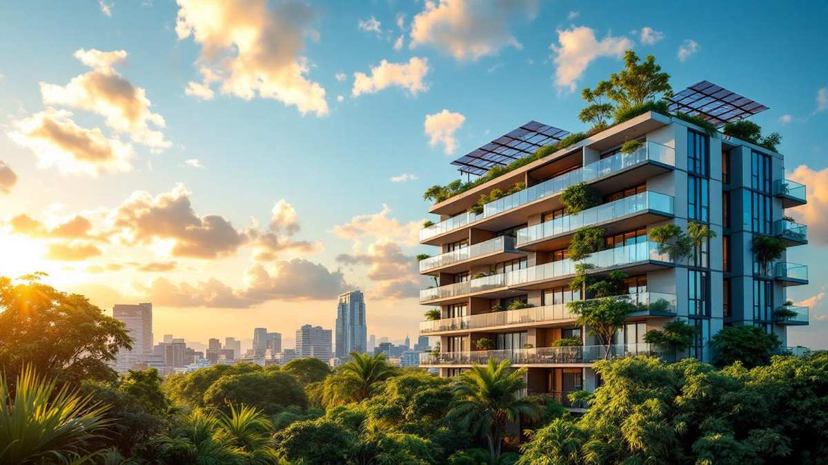 Prédio residencial brasileiro com varandas e vista para cidade, painéis solares no telhado do edifício sob céu azul