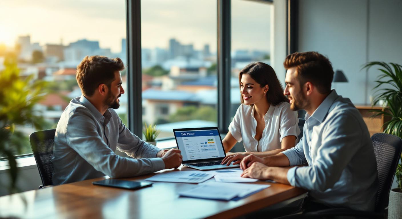Casal brasileiro em reunião com gerente bancário revisando documentos de financiamento solar, com painéis fotovoltaicos visíveis pelo lado de fora da janela