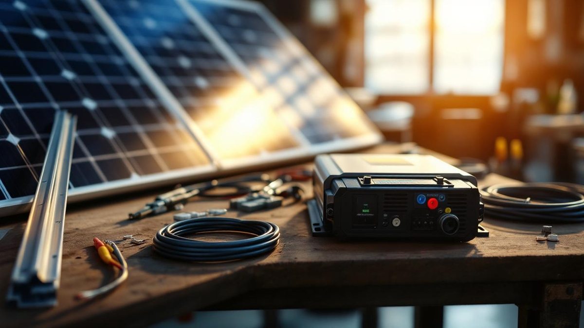 Componentes de kit solar residencial organizados em bancada de instalador brasileiro: paineis, inversor, cabos e estrutura de fixacao