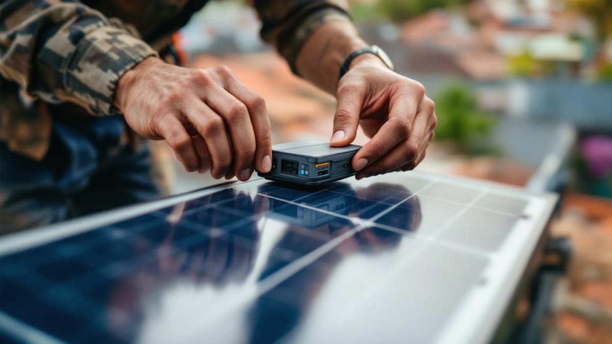 Maos de instalador brasileiro conectando microinversor compacto atras de painel solar em telhado residencial com inversor string visivel na parede da garagem abaixo