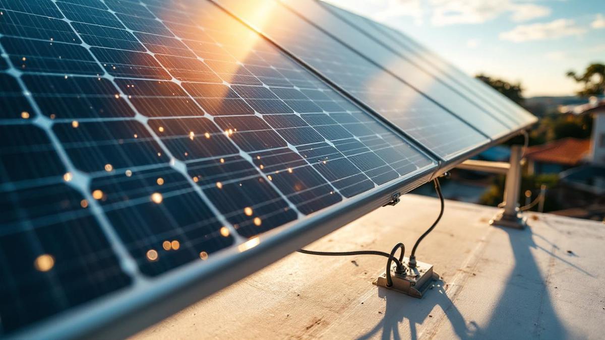 Painel solar bifacial instalado sobre estrutura elevada de alumínio com superfície clara refletindo luz no lado traseiro do módulo