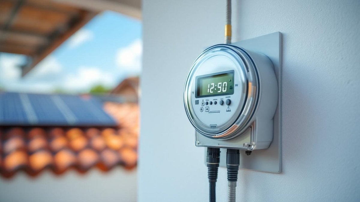 Medidor bidirecional de energia em parede de casa brasileira com painéis solares no telhado e céu azul ao fundo